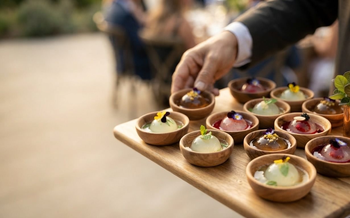 Elegant catering tray with Ball-O-Shot spheres served at an event